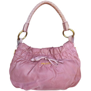 Vintage Prada Bow Logo Nylon Shoulder Bag in Pink / Gold | NITRYL
