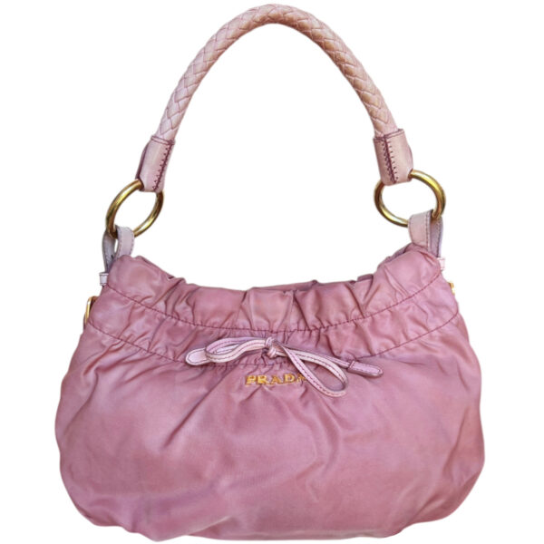 Vintage Prada Bow Logo Nylon Shoulder Bag in Pink / Gold | NITRYL