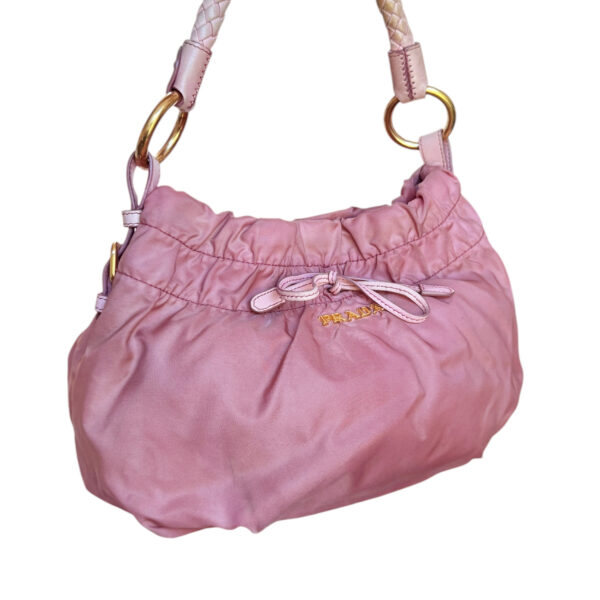 Prada Bow Logo Nylon Shoulder Bag in Pink / Gold - Image 2