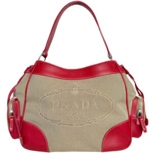 Vintage Prada Logo Canvas Shoulder Bag in Beige / Red / Silver | NITRYL