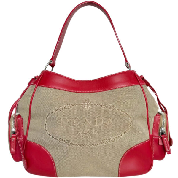 Vintage Prada Logo Canvas Shoulder Bag in Beige / Red / Silver | NITRYL