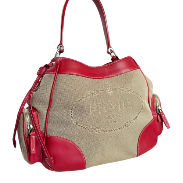 Prada Logo Canvas Shoulder Bag in Beige / Red / Silver - Image 2