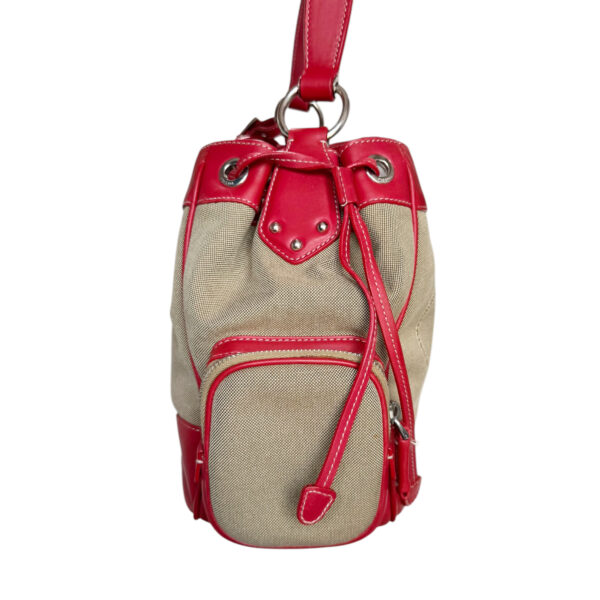 Prada Logo Canvas Shoulder Bag in Beige / Red / Silver - Image 3