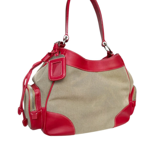 Prada Logo Canvas Shoulder Bag in Beige / Red / Silver - Image 4