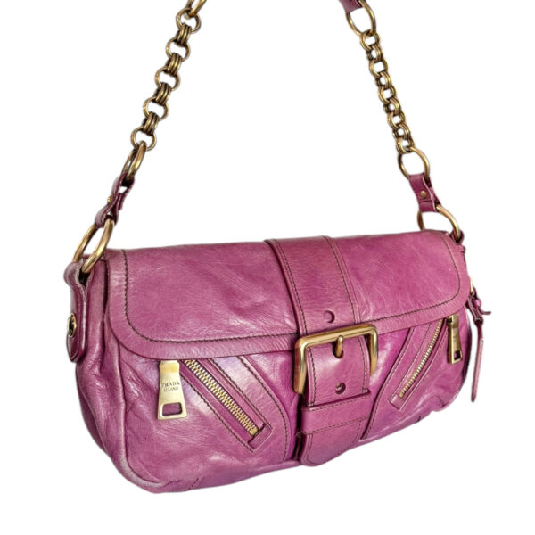 Prada Buckle Zip Leather Shoulder Bag in Pink / Gold - Image 2