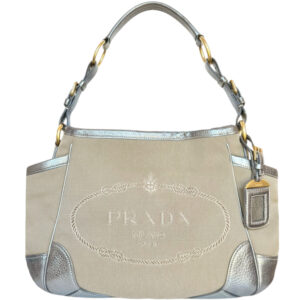 Vintage Prada Logo Canvas Cargo Shoulder Bag in Beige / Metallic Silver / Gold | NITRYL