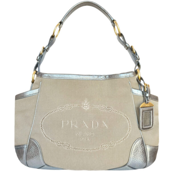 Vintage Prada Logo Canvas Cargo Shoulder Bag in Beige / Metallic Silver / Gold | NITRYL