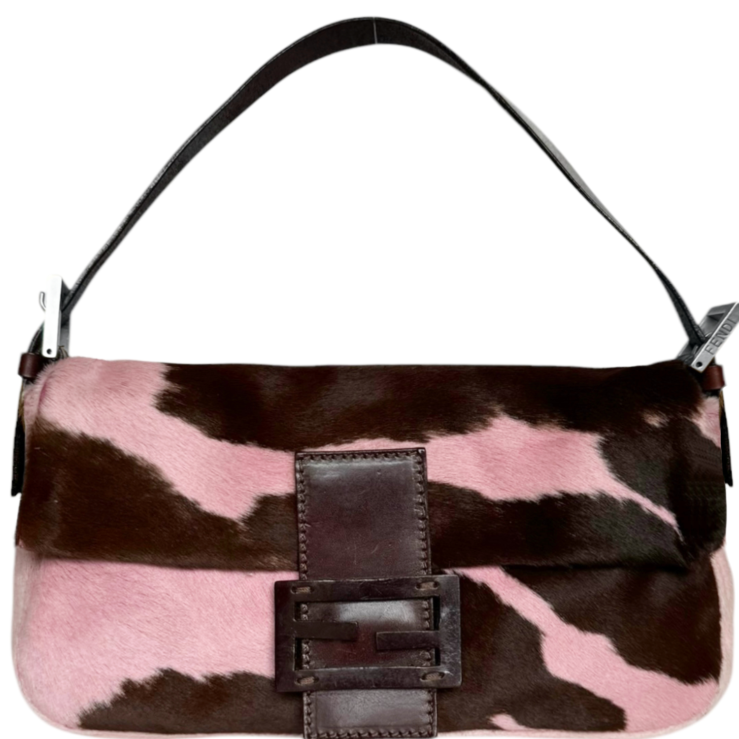 Vintage Fendi Cow Print Calfskin Shoulder Baguette Bag in Pink / Brown / Silver | NITRYL