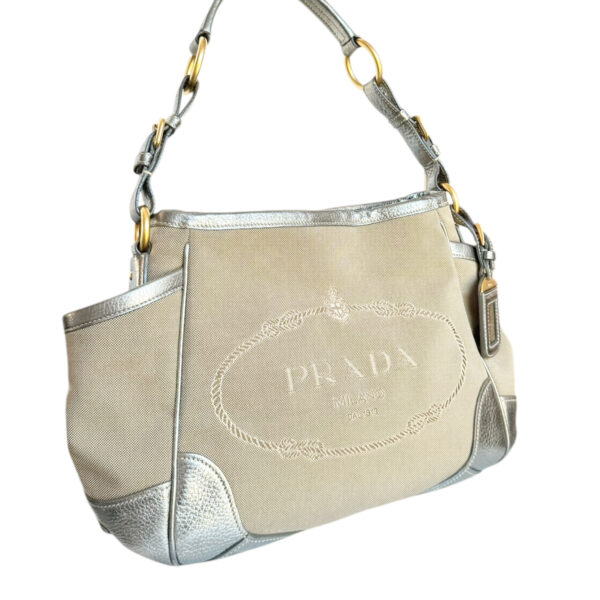 Prada Logo Canvas Cargo Shoulder Bag in Beige / Metallic Silver / Gold - Image 2