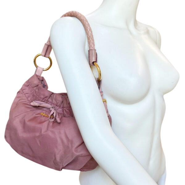 Prada Bow Logo Nylon Shoulder Bag in Pink / Gold - Image 9