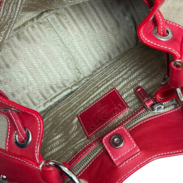 Prada Logo Canvas Shoulder Bag in Beige / Red / Silver - Image 8