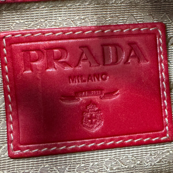 Prada Logo Canvas Shoulder Bag in Beige / Red / Silver - Image 9