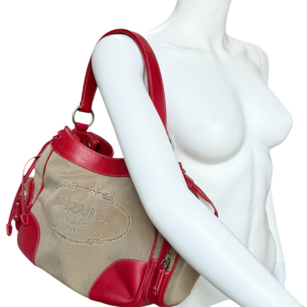 Prada Logo Canvas Shoulder Bag in Beige / Red / Silver - Image 10
