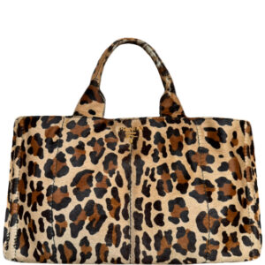 Vintage Prada Leopard Print Calfskin Canapa Tote Bag in Beige / Brown / Gold | NITRYL