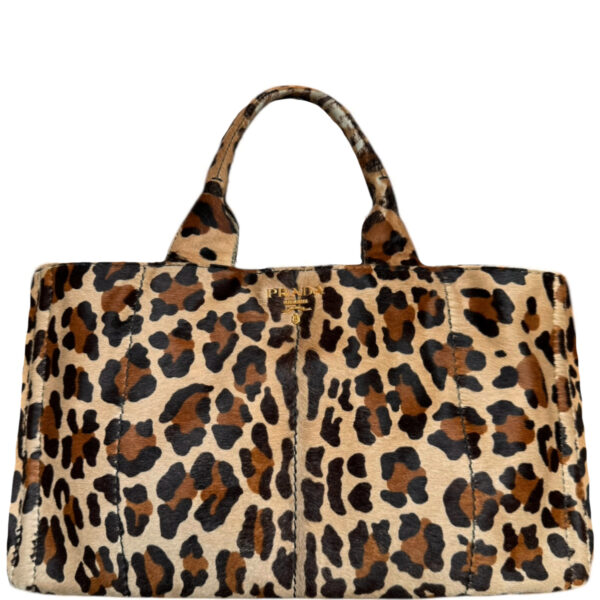 Vintage Prada Leopard Print Calfskin Canapa Tote Bag in Beige / Brown / Gold | NITRYL