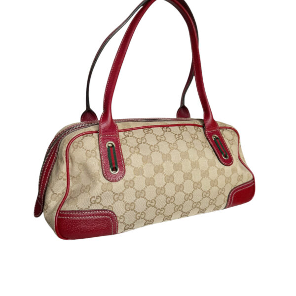 Gucci Monogram Bow Canvas Shoulder Bag in Beige / Red / Gold - Image 4