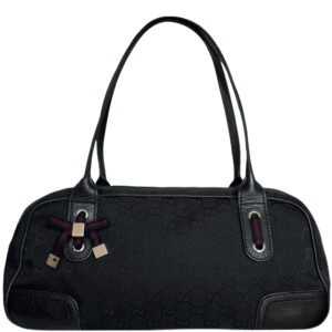 Vintage Gucci Monogram Bow Canvas Shoulder Bag in Black / Gold | NITRYL