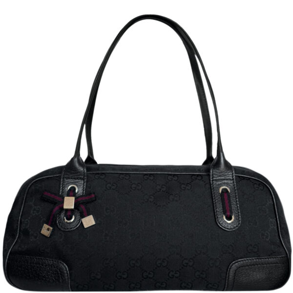 Vintage Gucci Monogram Bow Canvas Shoulder Bag in Black / Gold | NITRYL
