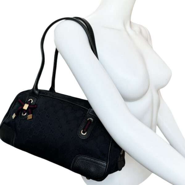 Gucci Monogram Bow Canvas Shoulder Bag in Black / Gold - Image 8