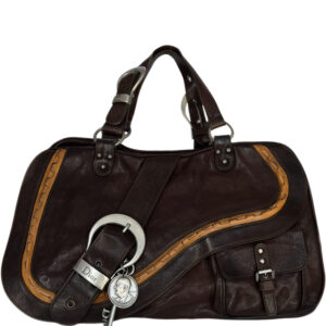 Vintage Dior Gaucho Leather Saddle Shoulder Bag in Dark Brown / Tan / Silver | NITRYL