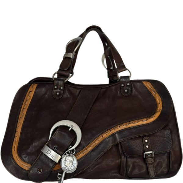 Vintage Dior Gaucho Leather Saddle Shoulder Bag in Dark Brown / Tan / Silver | NITRYL