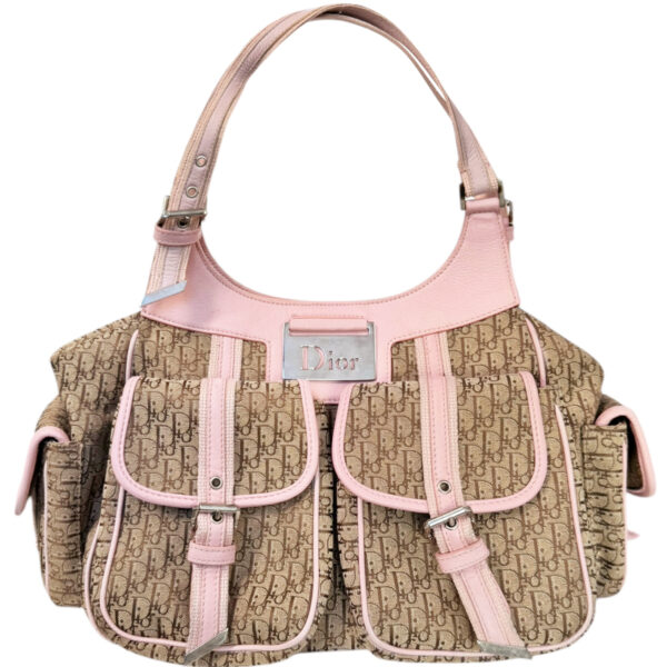 Vintage Dior Monogram Pocket Hobo Columbus Shoulder Bag in Beige / Baby Pink / Silver | NITRYL