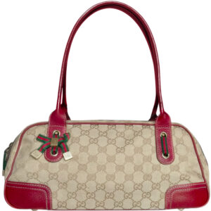 Vintage Gucci Monogram Bow Canvas Shoulder Bag in Beige / Red / Gold | NITRYL