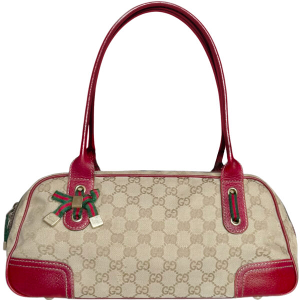 Vintage Gucci Monogram Bow Canvas Shoulder Bag in Beige / Red / Gold | NITRYL