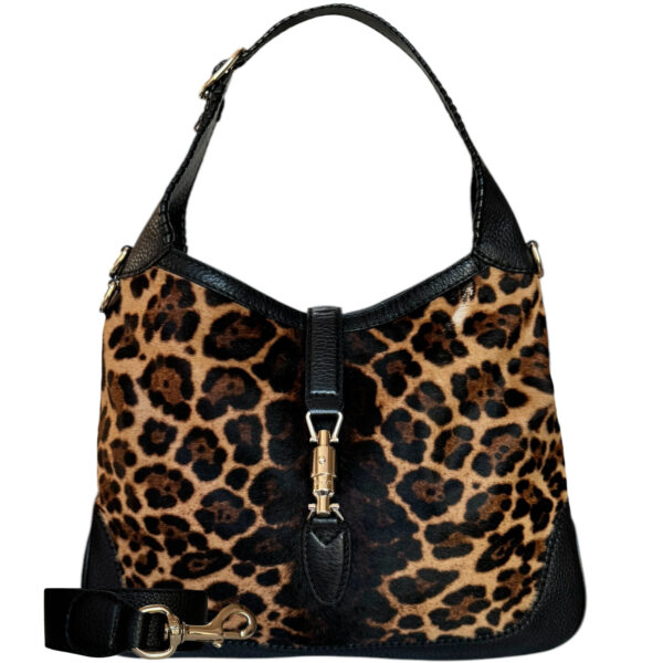 Vintage Gucci Leopard Print Calfskin 2-Way Jackie Hobo Shoulder Bag in Black / Brown / Gold | NITRYL