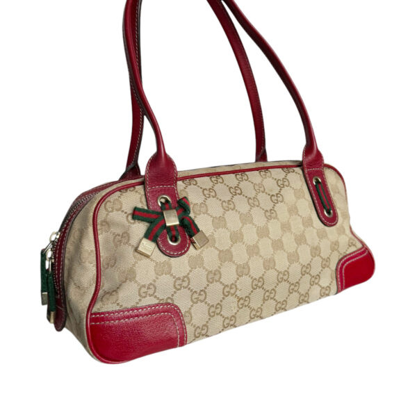 Gucci Monogram Bow Canvas Shoulder Bag in Beige / Red / Gold - Image 2