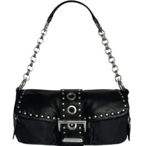 Vintage Prada Studded Nylon Leather Shoulder Bag in Black / Silver | NITRYL