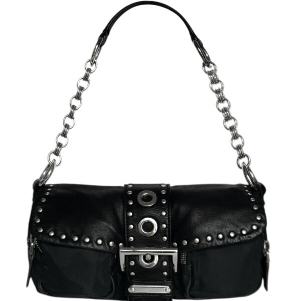 Vintage Prada Studded Nylon Leather Shoulder Bag in Black / Silver | NITRYL