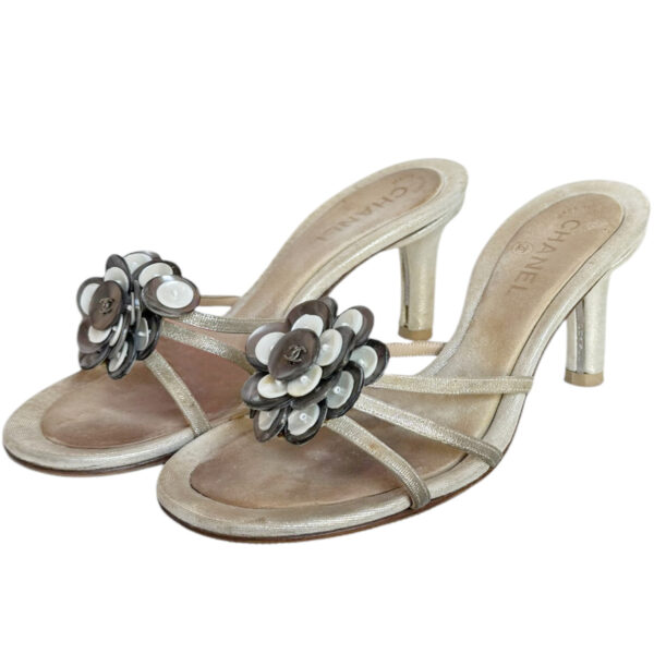 Vintage Chanel Flower Pearl Logo Heels in Beige / Silver | NITRYL