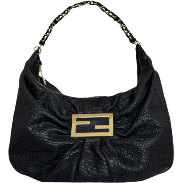 Vintage Fendi Logo Leather Slouchy Hobo Shoulder Bag in Black / Gold | NITRYL