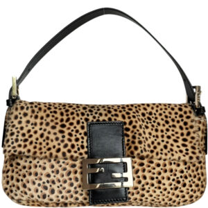 Vintage Fendi Micro Leopard Print Calfskin Shoulder Baguette Bag in Beige / Black / Gold | NITRYL