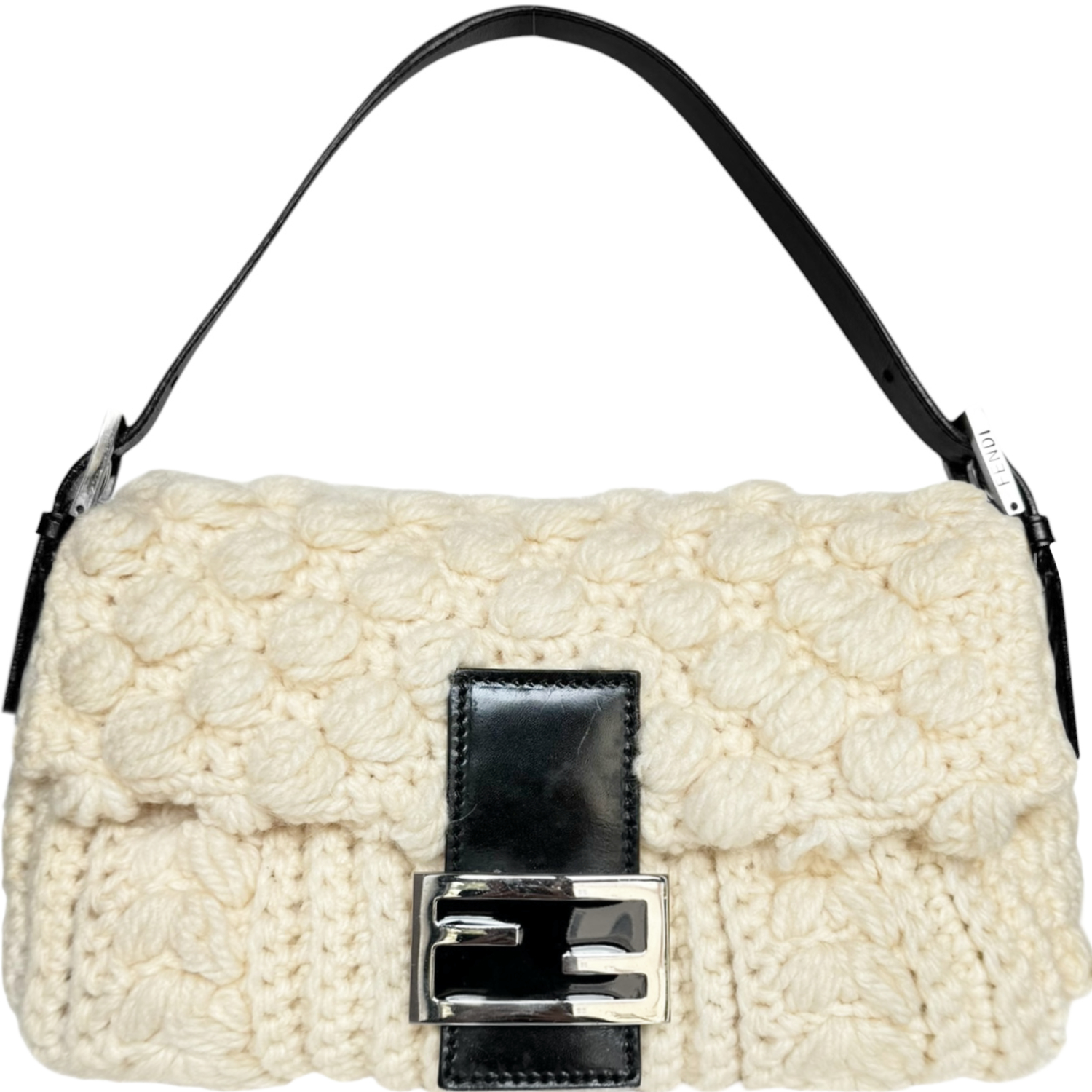 Vintage Fendi Knitted Wool Shoulder Baguette Bag in Cream / Black / Silver | NITRYL