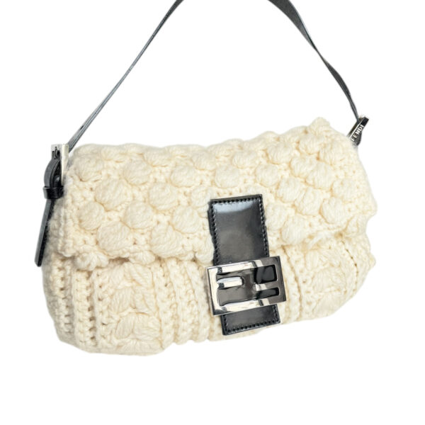 Fendi Knitted Wool Shoulder Baguette Bag in Cream / Black / Silver - Image 2