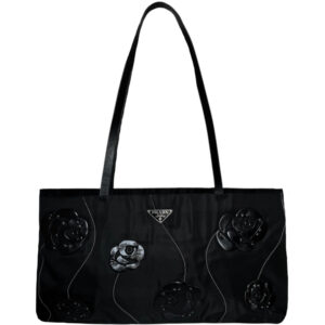 Vintage Prada Nylon Flower Shoulder Bag in Black / White / Silver | NITRYL
