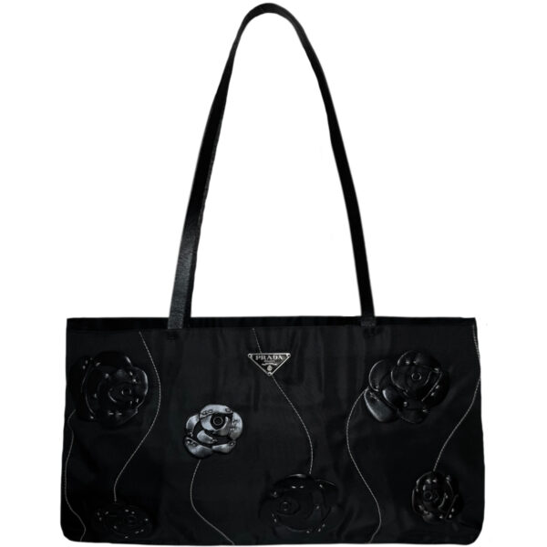 Vintage Prada Nylon Flower Shoulder Bag in Black / White / Silver | NITRYL