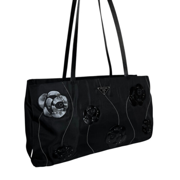 Prada Nylon Flower Shoulder Bag in Black / White / Silver - Image 2