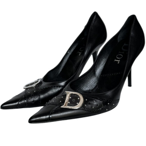 Vintage Dior D Logo Leather Heels in Black / Silver UK 6.5 | NITRYL