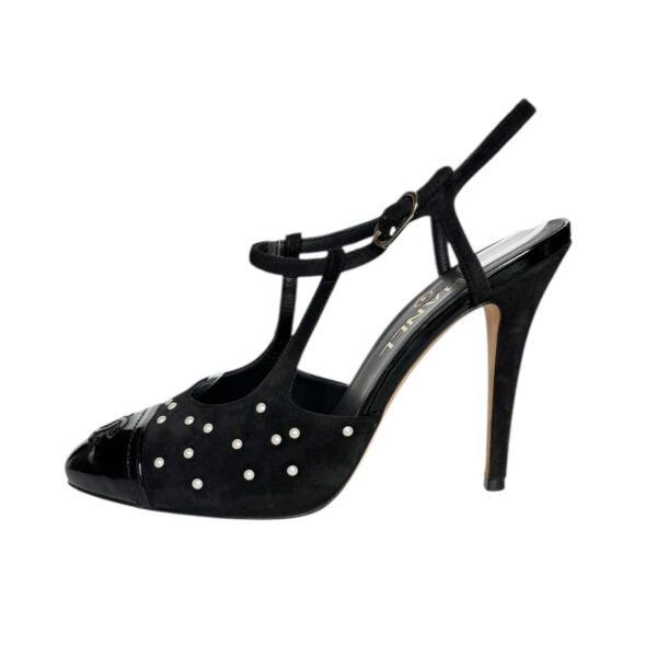Chanel Pearl Polka Dot Logo Suede Heels in Black / White / Gold UK 4.5 - Image 2