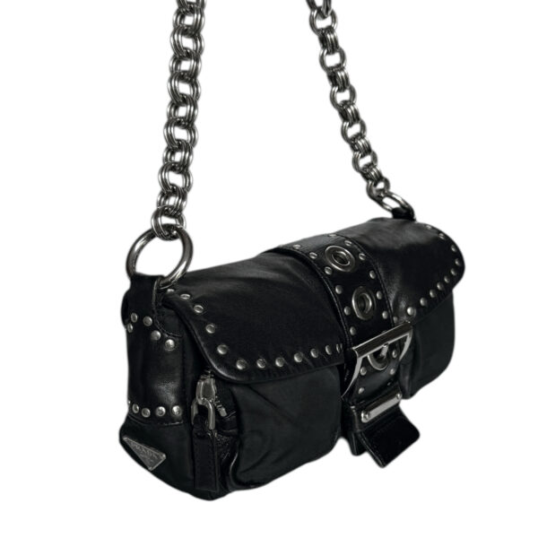 Prada Studded Nylon Leather Shoulder Bag in Black / Silver - Image 2