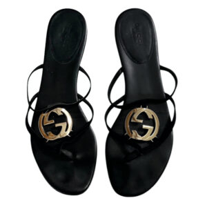 Vintage Gucci GG Logo Leather Thong Strappy Flip Flops in Black / Gold UK 5 | NITRYL