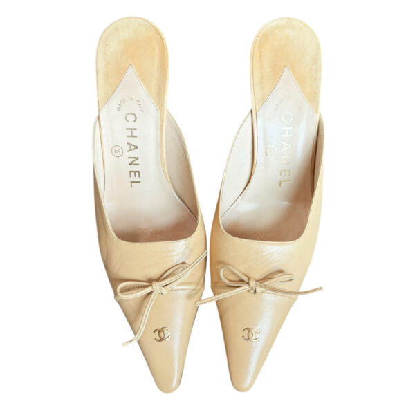 Chanel Bow Logo Mule Heels in Beige / Gold UK 3 - Image 2