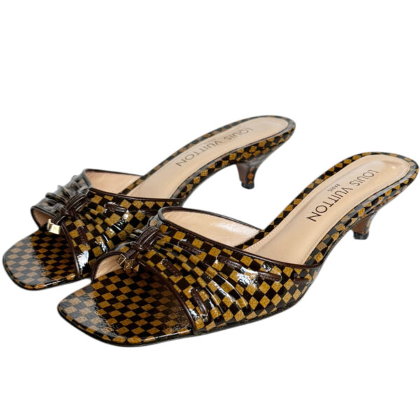 Vintage Louis Vuitton Damier Checkered Logo Kitten Heels in Brown / Gold UK 4 | NITRYL