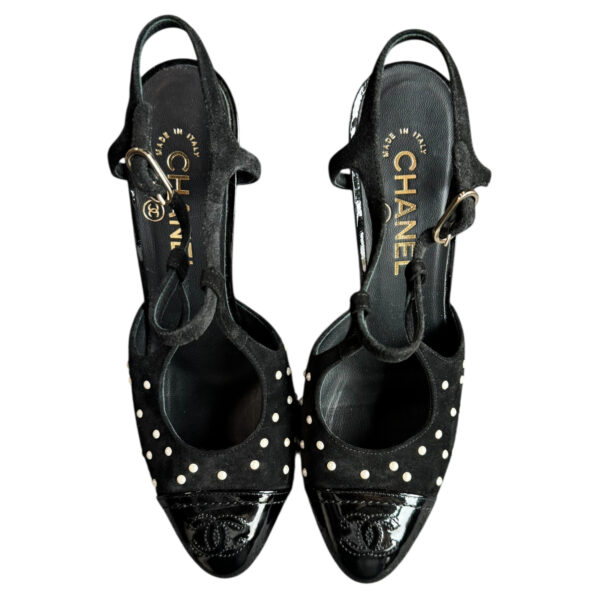 Chanel Pearl Polka Dot Logo Suede Heels in Black / White / Gold UK 4.5 - Image 4