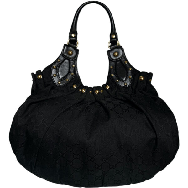 Vintage Gucci Monogram Studded Pelham Hobo Shoulder Bag in Black / Gold | NITRYL