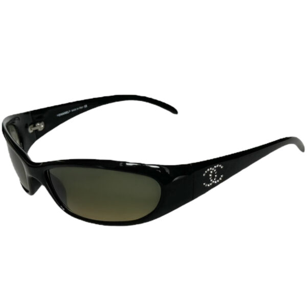 Vintage Chanel Diamante Logo Wraparound Sunglasses in Black / Green-Yellow | NITRYL