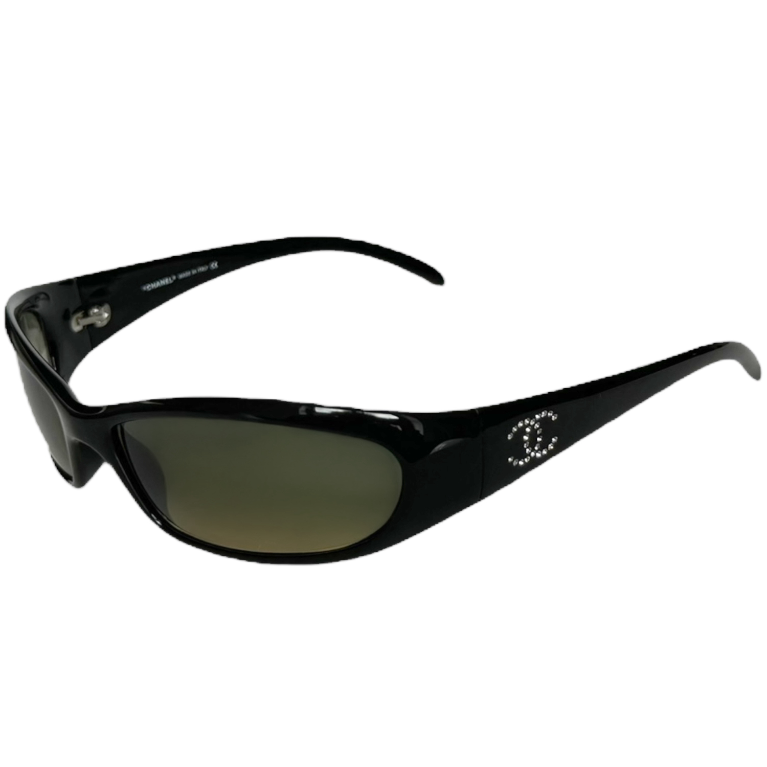 Vintage Chanel Diamante Logo Wraparound Sunglasses in Black / Green-Yellow | NITRYL